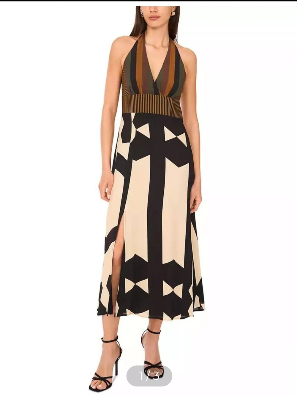 VINCE CAMUTO Halter-Neck Geometric Midi Dress in Black and Cream